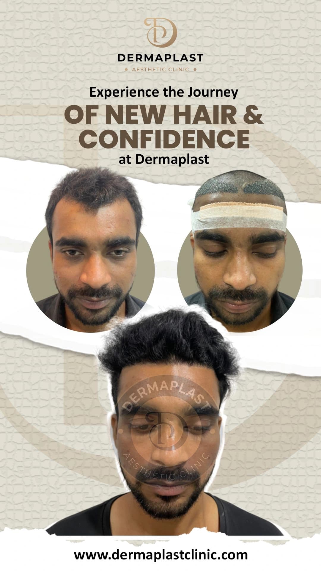 Hair transplant result at Dermaplast — case 1 of 6: the same patient before the procedure, immediately after, and at follow-up. Procedure 17 December.