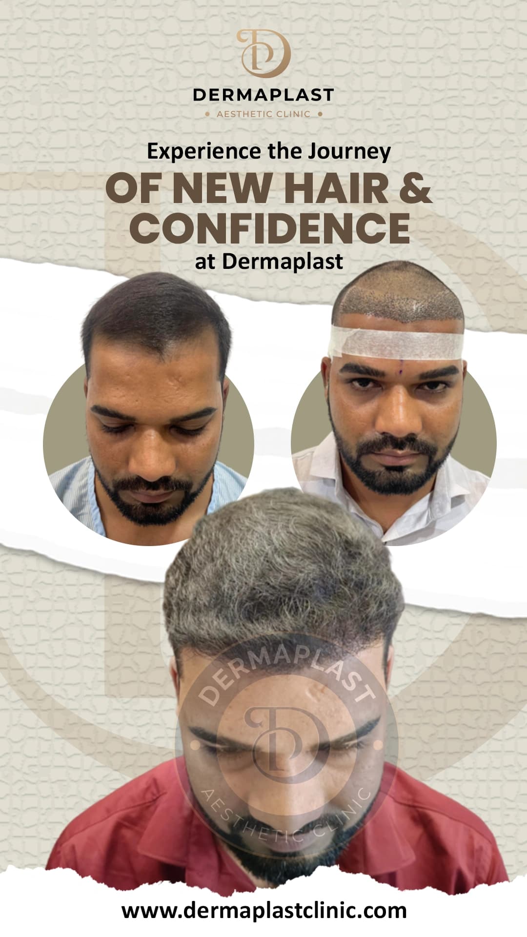 Hair transplant result at Dermaplast — case 8 of 12: the same patient before the procedure, immediately after, and at follow-up. Procedure 20 April 2024.