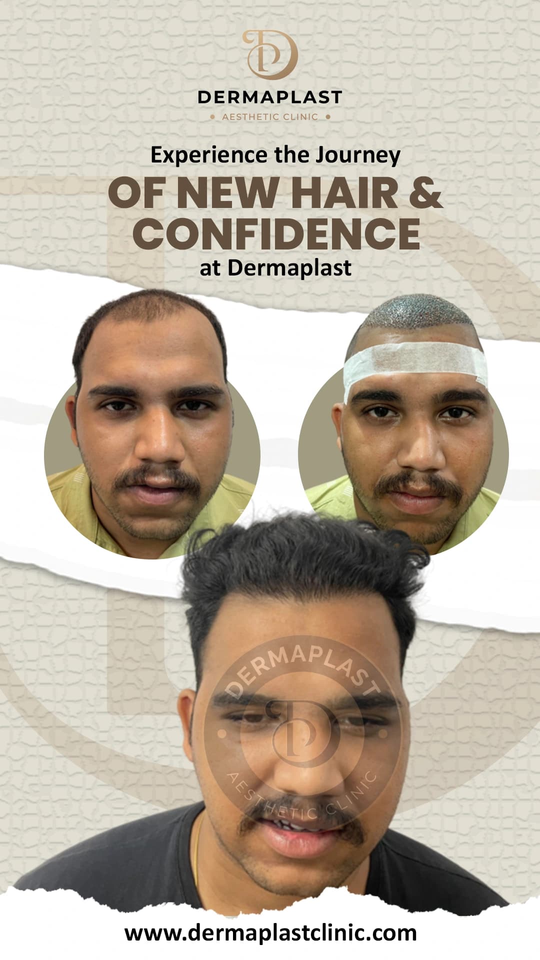 Hair transplant result at Dermaplast — case 10 of 12: the same patient before the procedure, immediately after, and at follow-up. Procedure 17 April.